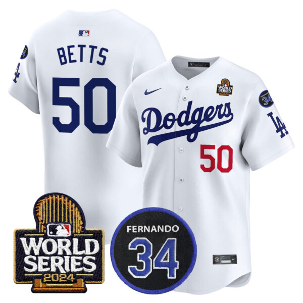 Men's Dodgers Fernando Memorial & 2024 World Series Patch Vapor Premier Limited Jersey V2 - All Stitched - Image 4