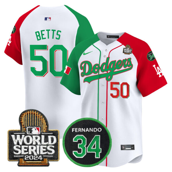 Men's Dodgers Mexico Fernando Memorial & 2024 World Series Patch Vapor Premier Limited Jersey V3 - All Stitched - Image 24