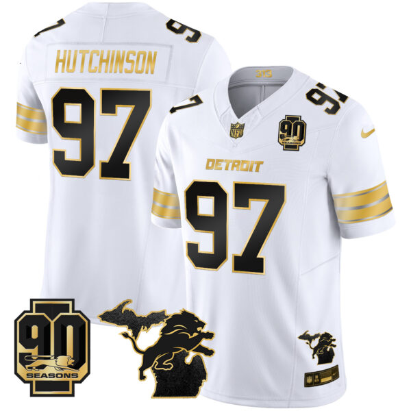 Men's Detroit Lions 2025 Michigan & 90th Season Patch Gold Vapor Limited Jersey - All Stitched - Image 11