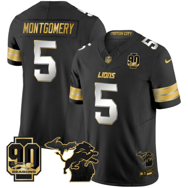 Men's Detroit Lions 2025 Michigan & 90th Season Patch Gold Vapor Limited Jersey - All Stitched - Image 29