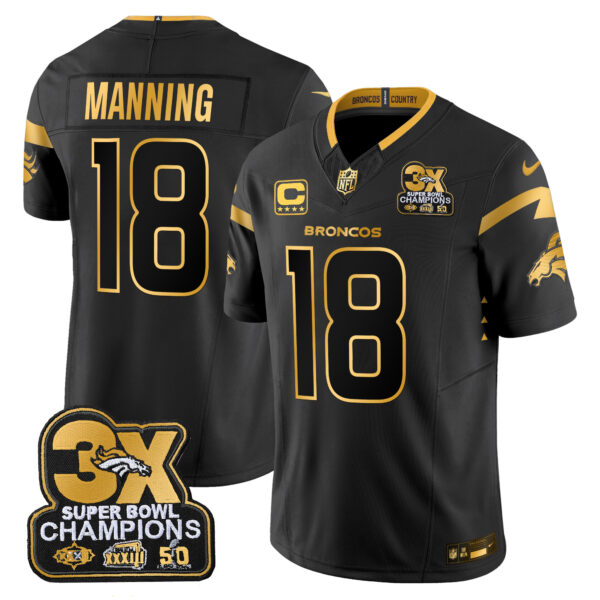 Men's Denver Broncos 3-Time Champions Patch Gold Vapor Limited Jersey - All Stitched - Image 19