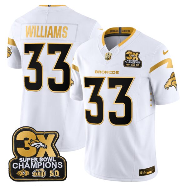 Men's Denver Broncos 3-Time Champions Patch Gold Vapor Limited Jersey - All Stitched - Image 11