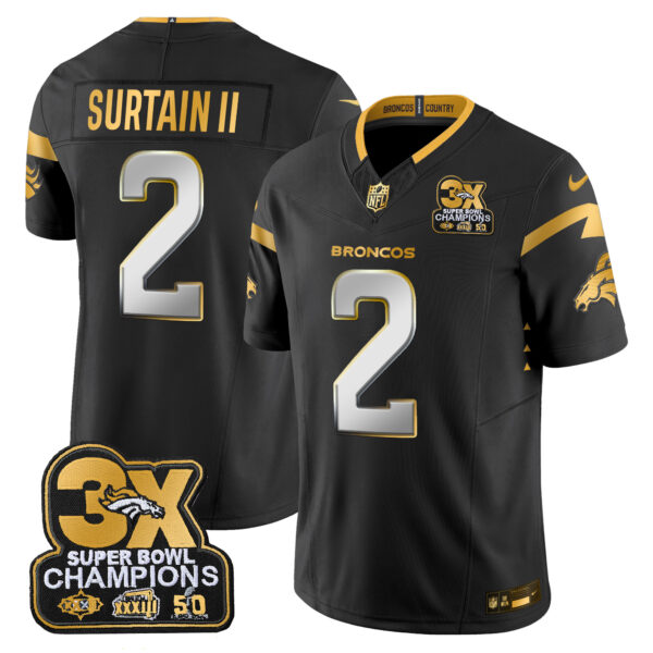 Men's Denver Broncos 3-Time Champions Patch Gold Vapor Limited Jersey - All Stitched - Image 23