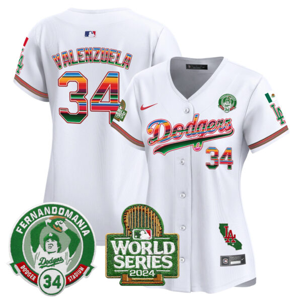 Women's Dodgers Mexico Fernando Valenzuela & 2024 World Series Patch Vapor Premier Limited Jersey - All Stitched