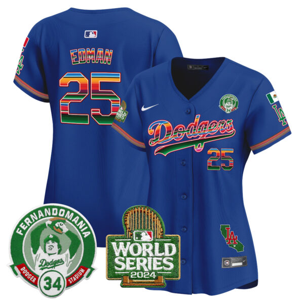 Women's Dodgers Mexico Fernando Valenzuela & 2024 World Series Patch Vapor Premier Limited Jersey - All Stitched - Image 17