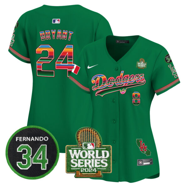 Women's Dodgers Mexico Fernando Memorial & 2024 World Series Patch Vapor Premier Limited Jersey V2 - All Stitched - Image 45