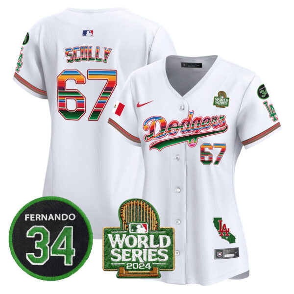 Women's Dodgers Mexico Fernando Memorial & 2024 World Series Patch Vapor Premier Limited Jersey V2 - All Stitched - Image 6