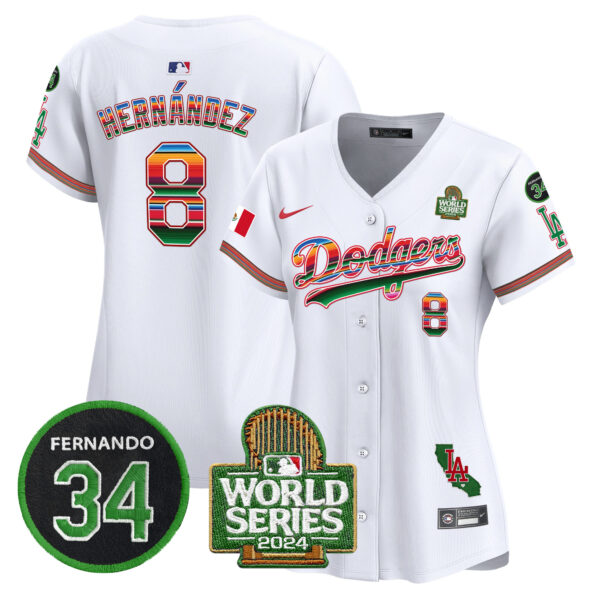 Women's Dodgers Mexico Fernando Memorial & 2024 World Series Patch Vapor Premier Limited Jersey V2 - All Stitched - Image 7