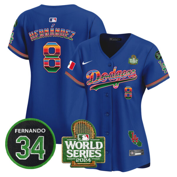 Women's Dodgers Mexico Fernando Memorial & 2024 World Series Patch Vapor Premier Limited Jersey V2 - All Stitched - Image 17