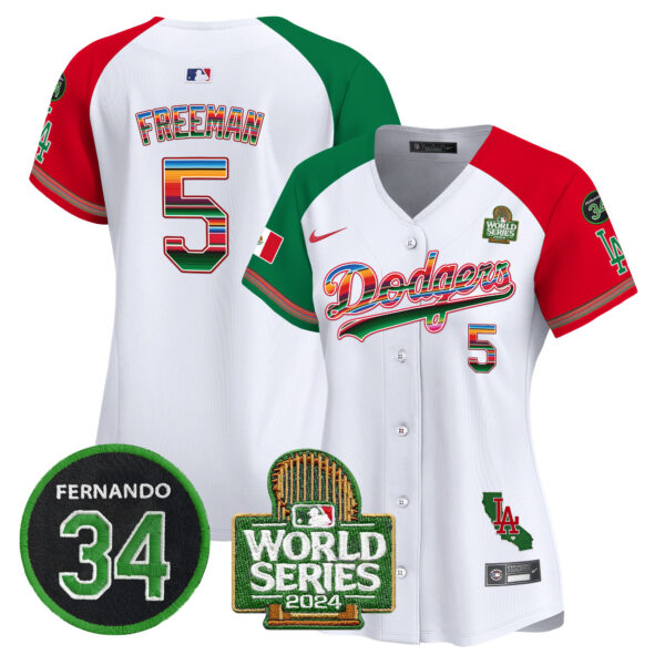 Women's Dodgers Mexico Fernando Memorial & 2024 World Series Patch Vapor Premier Limited Jersey V2 - All Stitched - Image 33