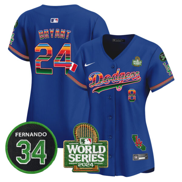 Women's Dodgers Mexico Fernando Memorial & 2024 World Series Patch Vapor Premier Limited Jersey V2 - All Stitched - Image 15
