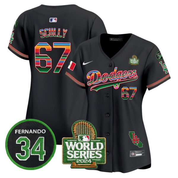 Women's Dodgers Mexico Fernando Memorial & 2024 World Series Patch Vapor Premier Limited Jersey V2 - All Stitched - Image 26
