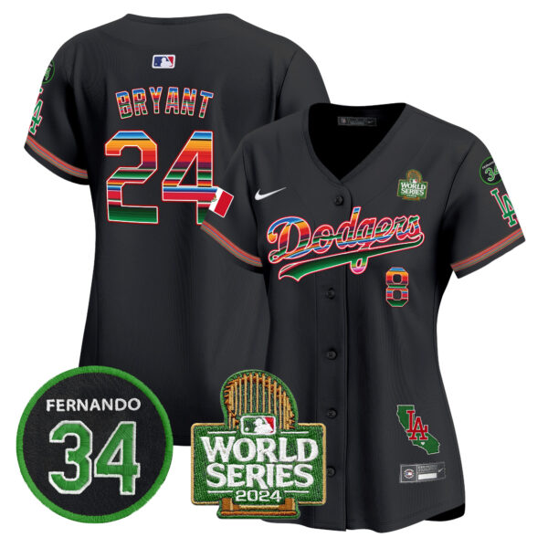 Women's Dodgers Mexico Fernando Memorial & 2024 World Series Patch Vapor Premier Limited Jersey V2 - All Stitched - Image 25