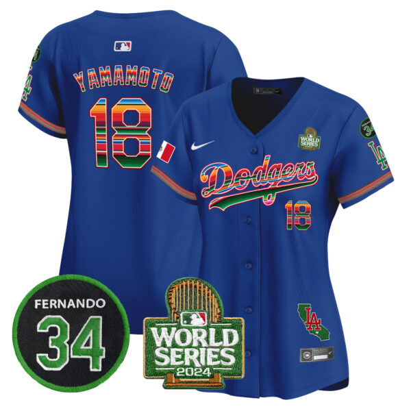 Women's Dodgers Mexico Fernando Memorial & 2024 World Series Patch Vapor Premier Limited Jersey V2 - All Stitched - Image 18