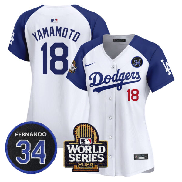Women's Dodgers Fernando Valenzuela & 2024 World Series Patch Vapor Premier Limited Jersey V2 - All Stitched - Image 28