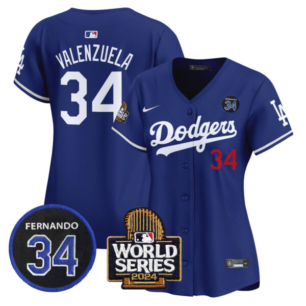 Women's Dodgers Fernando Valenzuela & 2024 World Series Patch Vapor Premier Limited Jersey V2 - All Stitched - Image 11