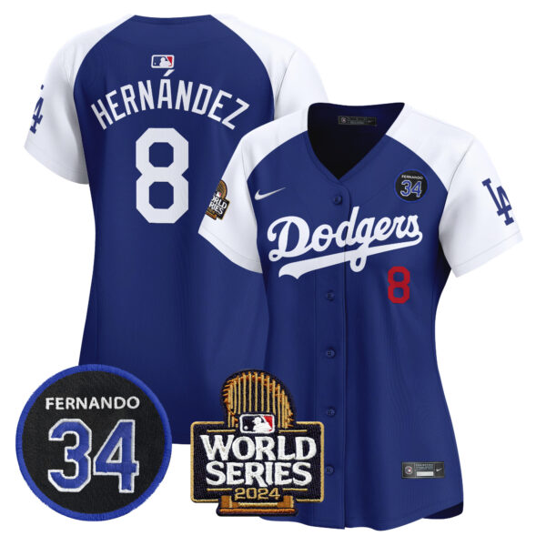 Women's Dodgers Fernando Valenzuela & 2024 World Series Patch Vapor Premier Limited Jersey V2 - All Stitched - Image 37