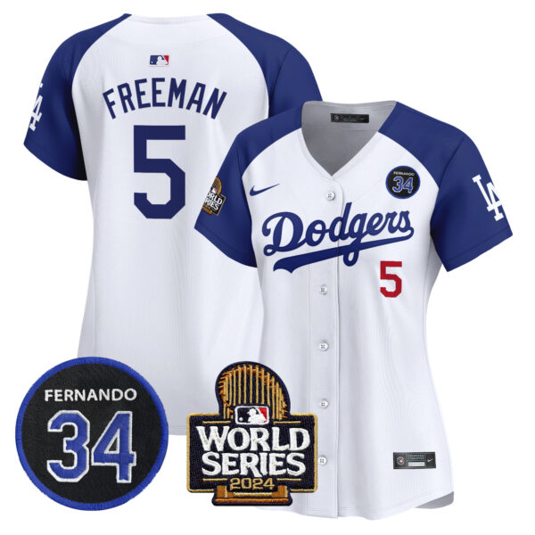 Women's Dodgers Fernando Valenzuela & 2024 World Series Patch Vapor Premier Limited Jersey V2 - All Stitched - Image 23