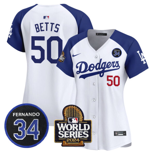 Women's Dodgers Fernando Valenzuela & 2024 World Series Patch Vapor Premier Limited Jersey V2 - All Stitched - Image 24