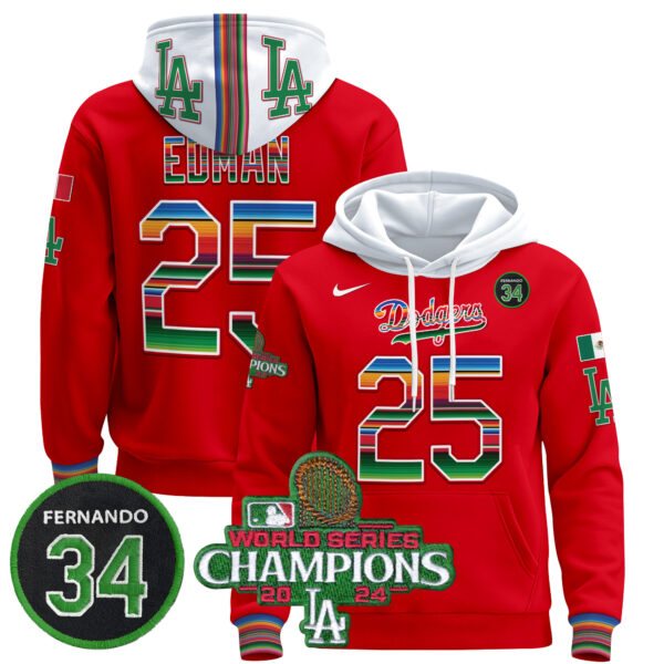 Men's Dodgers Mexico 2024 World Series Champions Pullover Hoodie V2 - All Stitched - Image 49