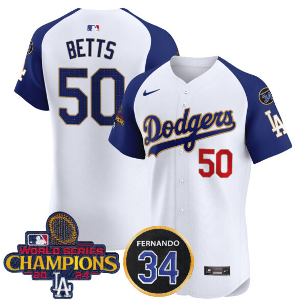 Men's Dodgers 2024 World Series Champions Gold Trim Vapor Premier Elite Jersey V2 - All Stitched - Image 44
