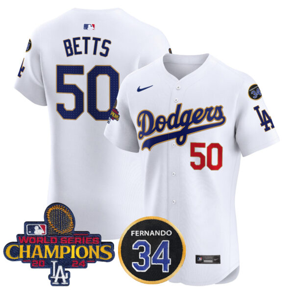 Men's Dodgers 2024 World Series Champions Gold Trim Vapor Premier Elite Jersey V2 - All Stitched - Image 24
