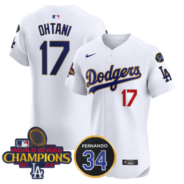 Men's Dodgers 2024 World Series Champions Gold Trim Vapor Premier Elite Jersey V2 - All Stitched - Image 22