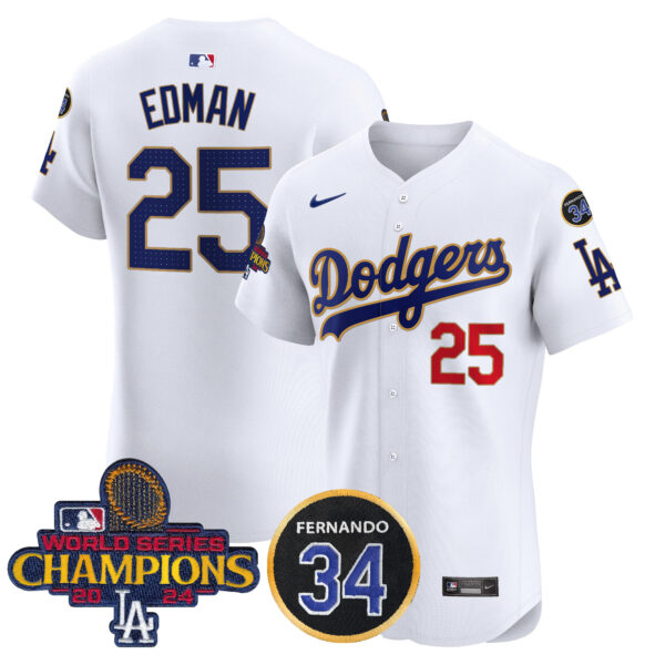 Men's Dodgers 2024 World Series Champions Gold Trim Vapor Premier Elite Jersey V2 - All Stitched - Image 29