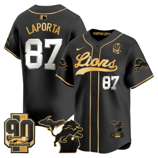 Men's Detroit Lions 2024 Michigan & 90th Season Patch Gold Baseball Jersey - All Stitched - Image 14