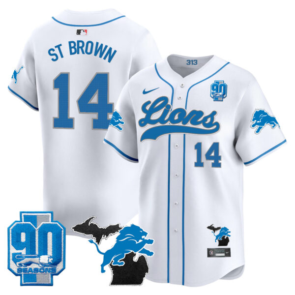 Men's Detroit Lions 2024 Michigan & 90th Season Patch Gold Baseball Jersey - All Stitched - Image 35