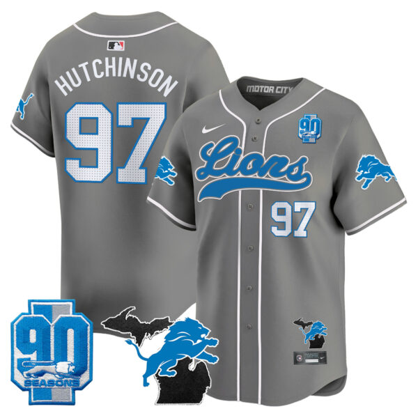 Men's Detroit Lions 2024 Michigan & 90th Season Patch Gold Baseball Jersey - All Stitched - Image 42