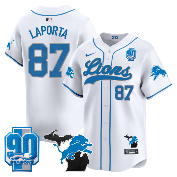 Men's Detroit Lions 2024 Michigan & 90th Season Patch Gold Baseball Jersey - All Stitched - Image 38
