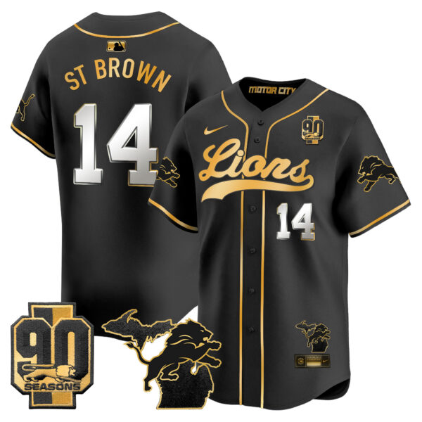 Men's Detroit Lions 2024 Michigan & 90th Season Patch Gold Baseball Jersey - All Stitched - Image 11