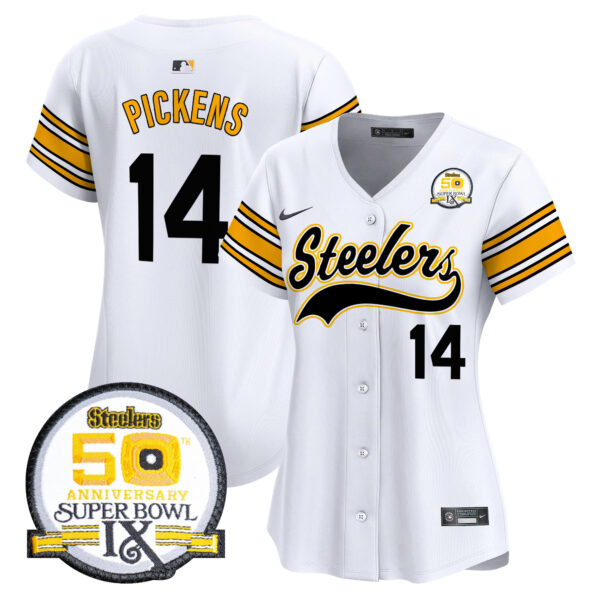 Women's Steelers 50th Anniversary Of Super Bowl IX Patch Vapor Premier Baseball Jersey - All Stitched - Image 13