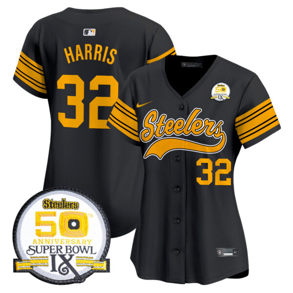 Women's Steelers 50th Anniversary Of Super Bowl IX Patch Vapor Premier Baseball Jersey - All Stitched - Image 57