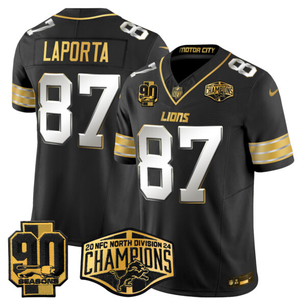 Men's Detroit Lions 2024 NFC North Division Champions Patch Gold Vapor Limited Jersey - All Stitched - Image 30