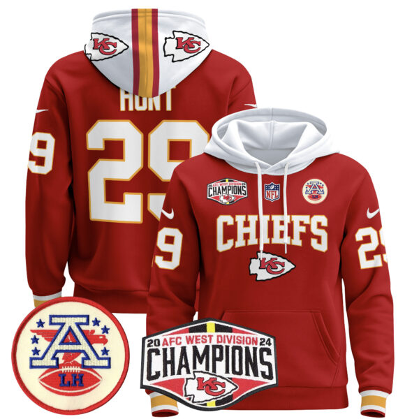 Men's Kansas City Chiefs 2024 AFC West Division Champions Pullover Hoodie - All Stitched - Image 8