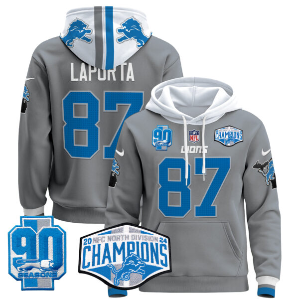 Men's Detroit Lions 2024 NFC North Division Champions Patch Pullover Hoodie - All Stitched - Image 46