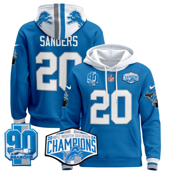 Men's Detroit Lions 2024 NFC North Division Champions Patch Pullover Hoodie - All Stitched - Image 37