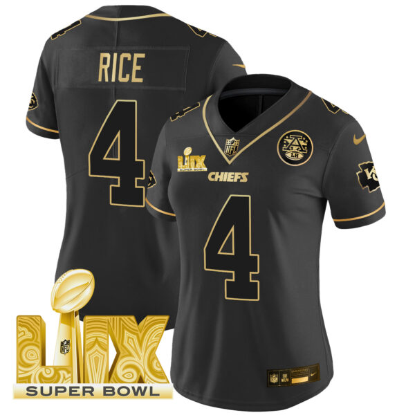 Women's Chiefs Super Bowl LIX Patch Gold Vapor Limited Jersey - All Stitched - Image 26