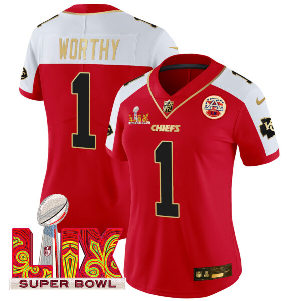 Women's Chiefs Super Bowl LIX Patch Gold Trim Vapor Limited Jersey - All Stitched - Image 19