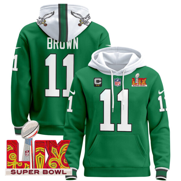 Men's Philadelphia Eagles Super Bowl LIX Patch Pullover Hoodie - All Stitched - Image 49