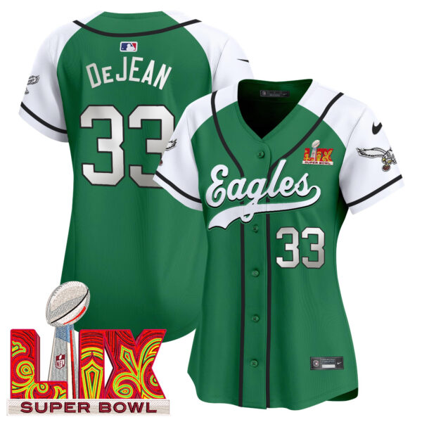 Women's Eagles Super Bowl LIX Patch Kelly Green Vapor Baseball Jersey - All Stitched - Image 43