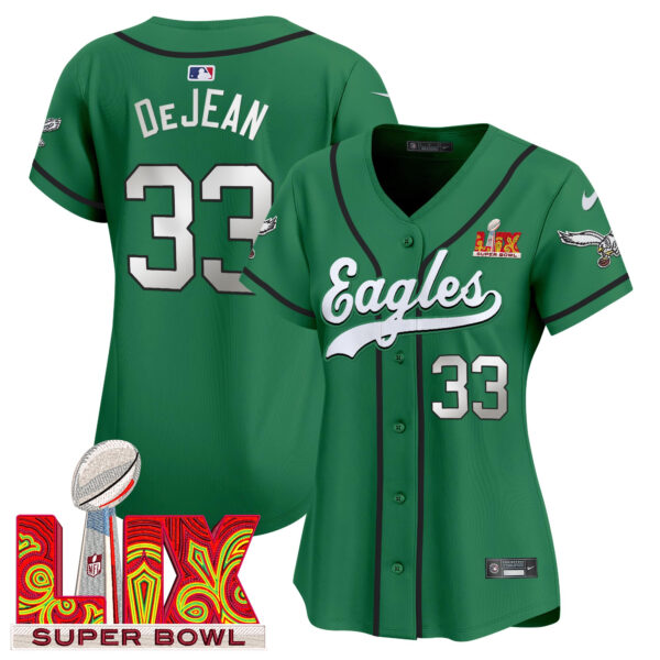 Women's Eagles Super Bowl LIX Patch Kelly Green Vapor Baseball Jersey - All Stitched - Image 10