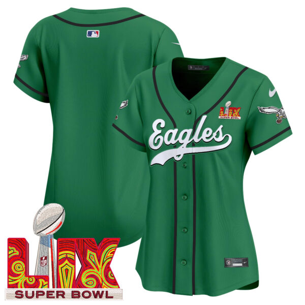 Women's Eagles Super Bowl LIX Patch Kelly Green Vapor Baseball Jersey - All Stitched - Image 11