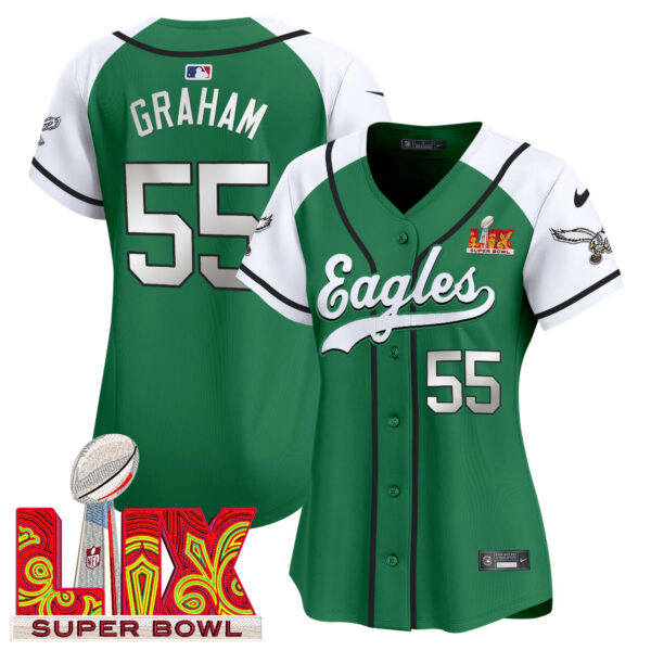 Women's Eagles Super Bowl LIX Patch Kelly Green Vapor Baseball Jersey - All Stitched - Image 40