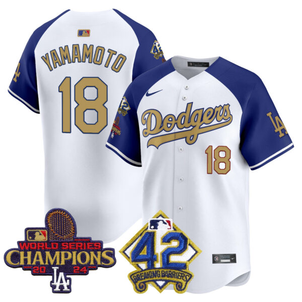 Men's Dodgers 2024 World Series Champions & Jackie Robinson Patch Vapor Premier Limited Jersey - All Stitched - Image 27