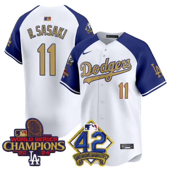 Men's Dodgers 2024 World Series Champions & Jackie Robinson Patch Vapor Premier Limited Jersey - All Stitched - Image 28