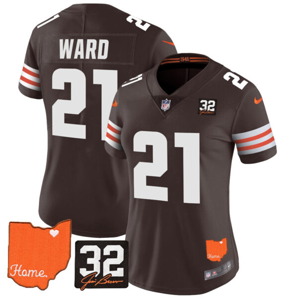 Women's Browns #32 Jim Brown Memorial & Home Patch Vapor Limited Jersey - All Stitched - Image 19
