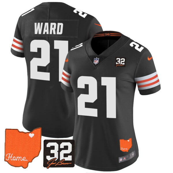 Women's Browns #32 Jim Brown Memorial & Home Patch Vapor Limited Jersey - All Stitched - Image 52